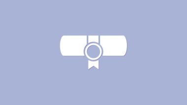 Beyaz KHK, kağıt, parşömen, parşömen simgesi mor arkaplanda izole edilmiş. 4K Video hareketli grafik canlandırması