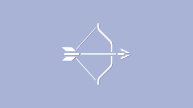 Beyaz ortaçağ yayı ve ok simgesi mor arka planda izole edilmiş. Ortaçağ silahı. 4K Video hareketli grafik canlandırması