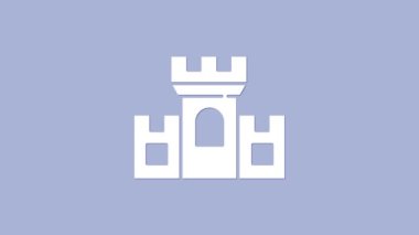 Beyaz Kale simgesi mor arkaplanda izole edilmiş. Kulesi olan bir ortaçağ kalesi. Düşmanlardan koruma. Şehrin güvenilirliği ve savunması. 4K Video hareketli grafik canlandırması