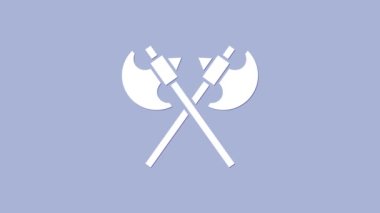 Beyaz Haç Ortaçağ balta simgesi mor arka planda izole edilmiş. Savaş baltası, cellat baltası. Ortaçağ silahı. 4K Video hareketli grafik canlandırması