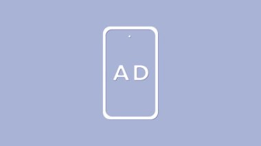 Mor arkaplanda beyaz reklam simgesi izole edildi. Pazarlama ve tanıtım süreci kavramı. İlgili reklamlar. Sosyal medya reklamcılığı. 4K Video hareketli grafik canlandırması