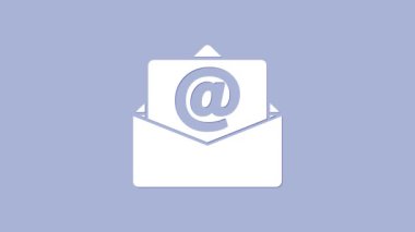 Mor arkaplanda beyaz posta ve e-posta simgesi izole edildi. Zarf sembolü e-postası. E- posta kodu. 4K Video hareketli grafik canlandırması