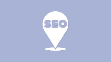 Beyaz SEO optimizasyon simgesi mor arkaplanda izole edildi. 4K Video hareketli grafik canlandırması