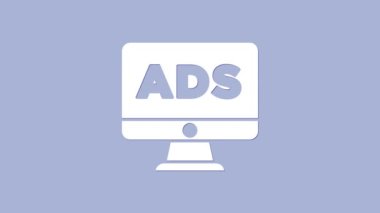 Mor arkaplanda beyaz reklam simgesi izole edildi. Pazarlama ve tanıtım süreci kavramı. İlgili reklamlar. Sosyal medya reklamcılığı. 4K Video hareketli grafik canlandırması