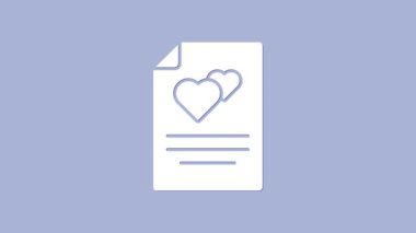 Mor arkaplanda izole edilmiş beyaz tebrik kartı simgesi. Kutlama için davetiye ya da tebrik kartı şablonu. 4K Video hareketli grafik canlandırması