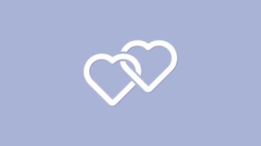 Beyaz İki Bağlı Kalp simgesi mor arkaplanda izole edildi. Romantik sembol, bağlanma, tutku ve düğün. Sevgililer Günü sembolü. 4K Video hareketli grafik canlandırması