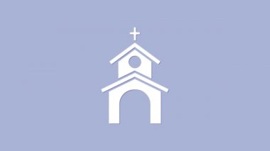 Beyaz Kilise binası ikonu, mor arka planda izole edilmiş. Hıristiyan Kilisesi. Kilisenin dini. 4K Video hareketli grafik canlandırması