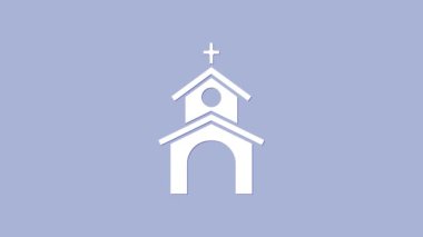 Beyaz Kilise binası ikonu, mor arka planda izole edilmiş. Hıristiyan Kilisesi. Kilisenin dini. 4K Video hareketli grafik canlandırması