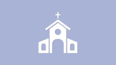 Beyaz Kilise binası ikonu, mor arka planda izole edilmiş. Hıristiyan Kilisesi. Kilisenin dini. 4K Video hareketli grafik canlandırması