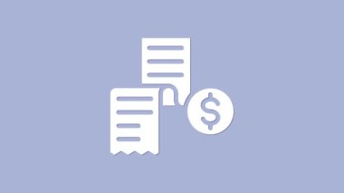 Mor arka planda beyaz kağıt ya da mali kontrol simgesi izole edildi. Kağıt baskı çeki, makbuz ya da fatura. 4K Video hareketli grafik canlandırması