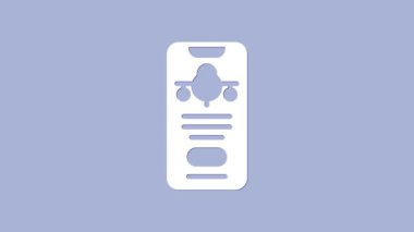 Mor arka planda izole edilmiş elektronik uçuş kartı olan beyaz akıllı telefon. Web ve uygulama için yolcu uçağı bileti. 4K Video hareketli grafik canlandırması