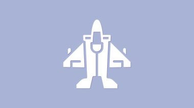 Beyaz Jet savaş ikonu mor arka planda izole edildi. Askeri uçak. 4K Video hareketli grafik canlandırması