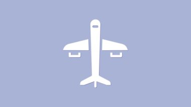 Beyaz düzlem simgesi mor arkaplanda izole edildi. Uçan uçak ikonu. Uçak tabelası. 4K Video hareketli grafik canlandırması