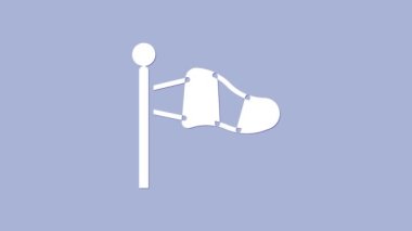 Beyaz Koni Meteoroloji Rüzgâr Gülü ikonu mor arka planda izole edilmiş. Rüzgâr Sock rüzgarın yönünü ve gücünü gösteriyor. 4K Video hareketli grafik canlandırması