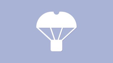 Beyaz Kutu, mor arka planda izole edilmiş paraşüt ikonu üzerinde uçuyor. Nakliye için paraşütlü paket. Teslimat servisi, hava taşımacılığı. 4K Video hareketli grafik canlandırması