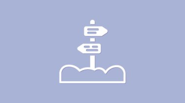 Beyaz Yol trafik tabelası. Mor arkaplanda izole edilmiş işaret simgesi. İşaretçi sembolü. Sokak bilgi tabelası. Yön tabelası. 4K Video hareketli grafik canlandırması