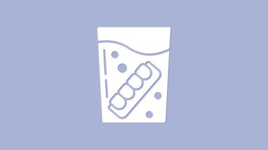 Mor arka planda izole edilmiş cam ikon içerisindeki beyaz sahte çene. Diş çene ya da takma dişler, kesici dişli takma dişler. 4K Video hareketli grafik canlandırması