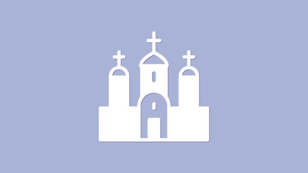 Vit kyrka byggnad ikon isolerad på lila bakgrund. Kristna kyrkan. Kyrkans religion. 4K Video motion grafisk animation — Stockvideo