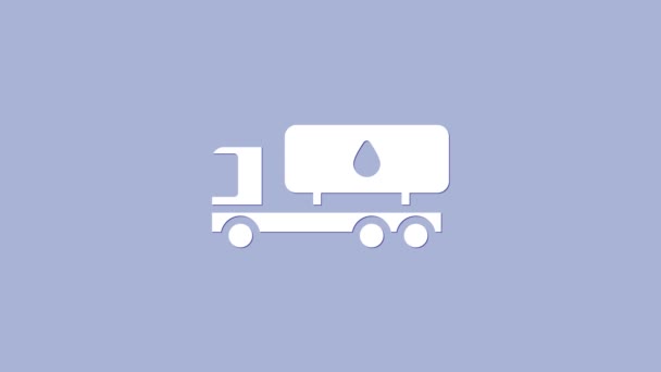 Ícone de caminhão tanque branco isolado no fundo roxo. Tanque de petróleo, camião de gasolina, cisterna, reboque de petróleo. Animação gráfica em movimento de vídeo 4K — Vídeo de Stock