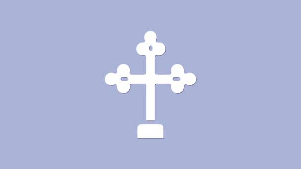 Икона белого христианского креста выделена на фиолетовом фоне. Церковный крест Видеографическая анимация 4K — стоковое видео