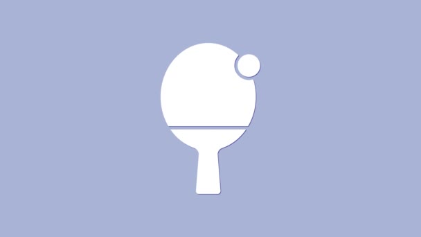Белая ракетка для игры в настольный теннис значок изолирован на фиолетовом фоне. Видеографическая анимация 4K — стоковое видео