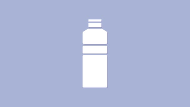 Icono de agitador Fitness blanco aislado sobre fondo púrpura. Botella agitadora deportiva con tapa para cócteles de agua y proteínas. Animación gráfica de vídeo 4K — Vídeos de Stock