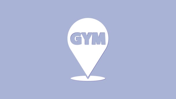 Beyaz Konum spor salonu ikonu, mor arka planda izole edilmiş. 4K Video hareketli grafik canlandırması — Stok video