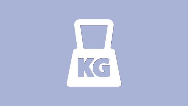 Ikona Bílá hmotnost izolované na fialovém pozadí. Váhový blok kilogramů pro zvedání váhy a měřítka. Symbol mše. Grafická animace pohybu videa 4K — Stock video