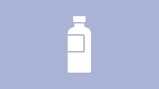 Иконка белого шейкера на фиолетовом фоне. Спортивный шейкер с крышкой для воды и протеиновых коктейлей. Видеографическая анимация 4K — стоковое видео