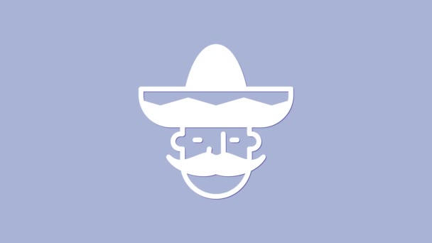 White Mexican man wearing sombrero icon isolated on purple background. Hispanic man with a mustache. 4K Video motion graphic animation — Stock Video