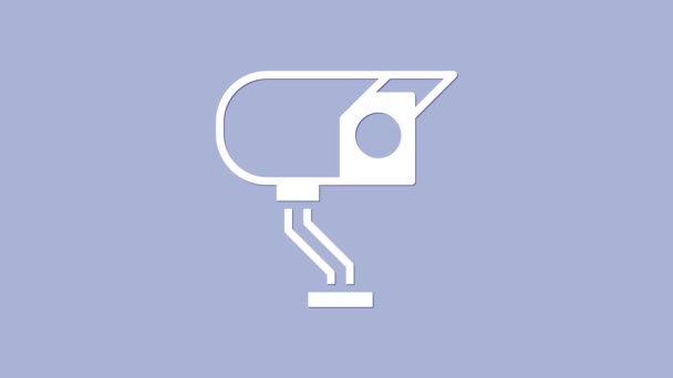 Icono de la cámara White Security aislado sobre fondo púrpura. Animación gráfica de vídeo 4K — Vídeo de stock