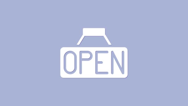 Biały znak wiszący z tekstem Otwarte drzwi ikona izolowana na fioletowym tle. 4K Animacja graficzna ruchu wideo — Wideo stockowe