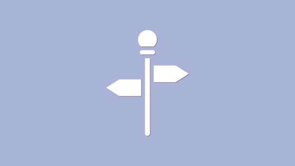 Fehér útjelző tábla. Jelzőtábla ikon elszigetelt lila háttér. Mutató szimbólum. Utcai információs tábla. Irányjelző tábla. 4K Videó mozgás grafikus animáció — Stock videók
