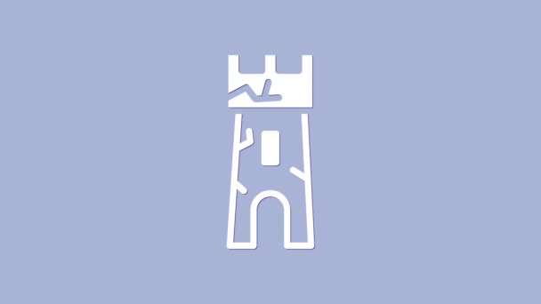 Icono de torre del Castillo Blanco aislado sobre fondo púrpura. Signo de fortaleza. Animación gráfica de vídeo 4K — Vídeos de Stock
