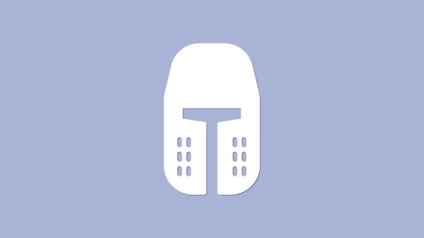 Casco de hierro medieval blanco para la cabeza icono de protección aislado sobre fondo púrpura. Animación gráfica de vídeo 4K — Vídeo de stock