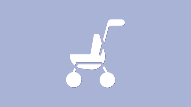 紫色の背景に隔離された白いベビーベビーカーアイコン。赤ちゃんの馬車、バギー、プラム、ベビーカー、ホイール。4Kビデオモーショングラフィックアニメーション — ストック動画