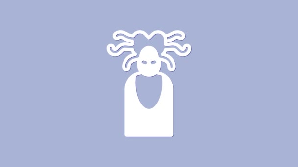 Testa di Medusa Gorgone bianca con serpenti icona greca isolata su sfondo viola. Animazione grafica 4K Video motion — Video Stock