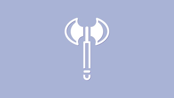 Icono de hacha medieval blanca aislado sobre fondo púrpura. Hacha de batalla, hacha ejecutora. Arma medieval. Animación gráfica de vídeo 4K — Vídeos de Stock