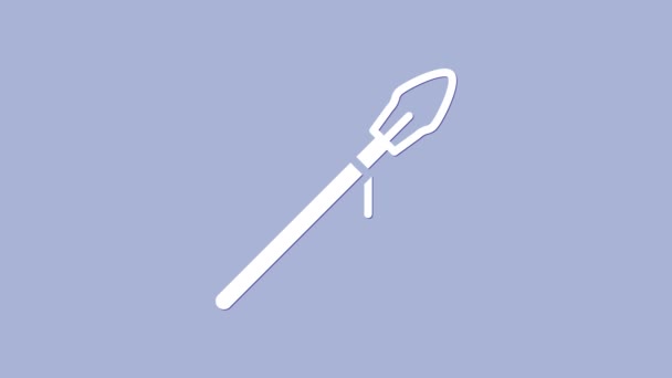 Иконка белого средневекового копья выделена на фиолетовом фоне. Средневековое оружие. Видеографическая анимация 4K — стоковое видео