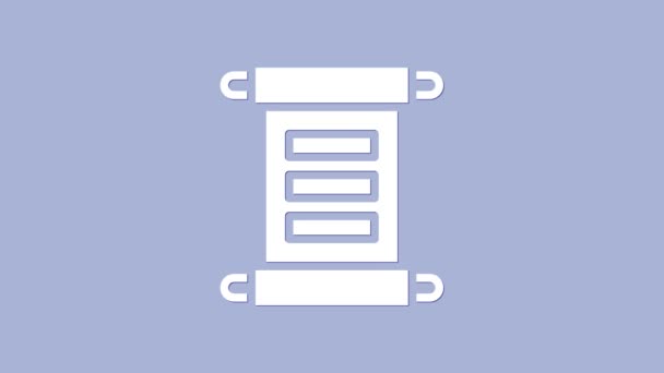 Weißes Dekret, Papier, Pergament, Schriftrollsymbol isoliert auf violettem Hintergrund. 4K Video Motion Grafik Animation — Stockvideo