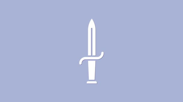 紫色の背景に白い短剣アイコンが隔離されています。ナイフアイコン。鋭い刃で剣。4Kビデオモーショングラフィックアニメーション — ストック動画