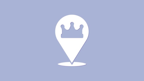 Beyaz Konum kral taç simgesi mor arka planda izole. 4K Video hareketli grafik canlandırması — Stok video