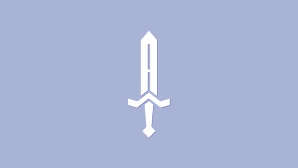 Biała ikona średniowiecznego miecza odizolowana na fioletowym tle. Średniowieczna broń. 4K Animacja graficzna ruchu wideo — Wideo stockowe