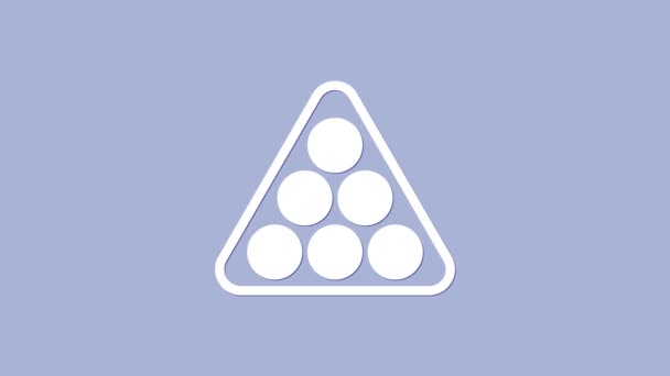 Bolas de billar blanco en un icono de triángulo de rack aislado sobre fondo púrpura. Animación gráfica de vídeo 4K — Vídeos de Stock