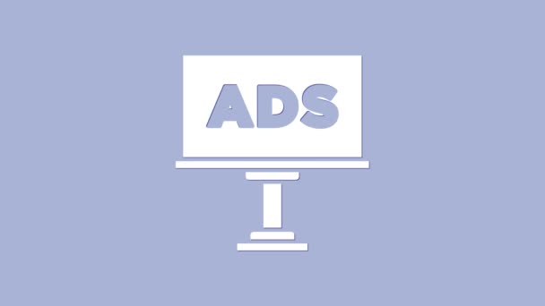 Белый значок рекламы выделен на фиолетовом фоне. Концепция процесса маркетинга и продвижения. Отзывчивая реклама. Реклама в социальных сетях Видеографическая анимация 4K — стоковое видео