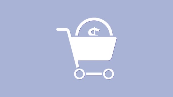 Simbol gerobak dan dolar White Shopping terisolasi dengan latar belakang ungu. Konsep pembelian online. Layanan antar. Keranjang supermarket. Animasi grafis gerak Video 4K — Stok Video