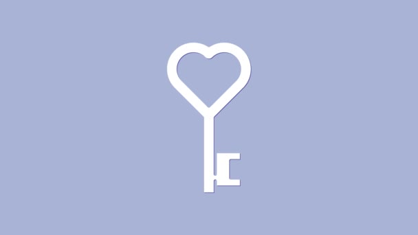 Fehér kulcs szív alakú ikon elszigetelt lila háttér. Valentin-napi szimbólum. 4K Videó mozgás grafikus animáció — Stock videók