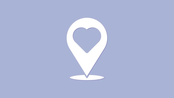 紫色の背景にハートアイコンが分離されたホワイトマップポインタ。バレンタインデー。愛の場所。ロマンチックな地図ピン。4Kビデオモーショングラフィックアニメーション — ストック動画
