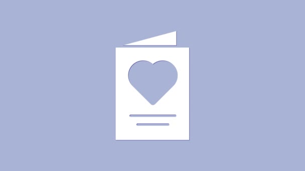 Ícone de cartão de saudação branco isolado no fundo roxo. Modelo de cartaz de celebração para convite ou cartão de saudação. Animação gráfica em movimento de vídeo 4K — Vídeo de Stock
