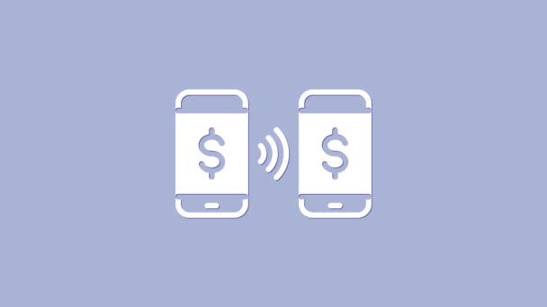 Überweisung mit weißem Geld im mobilen Symbol isoliert auf lila Hintergrund. Konzept der schnellen Bezahlung durch Kauf. Senden und Empfangen von Geld. 4K Video Motion Grafik Animation — Stockvideo